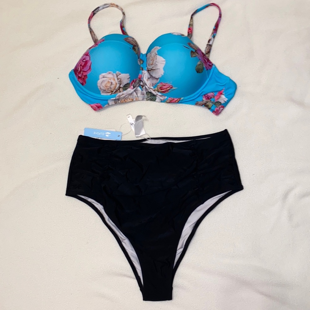 Cupshe high waist turquoise floral & black high waist bikini NWT
